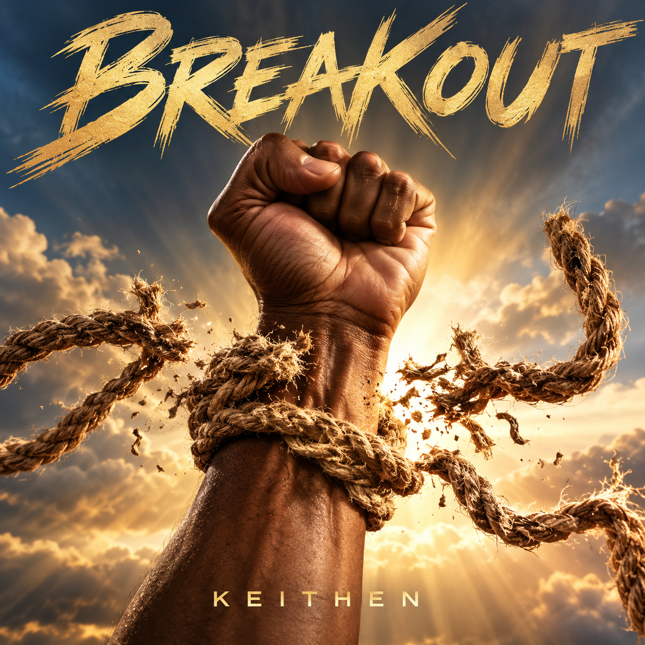 BREAKOUT album artwork by KEITHEN: a raised fist breaking free from rope against a radiant sky